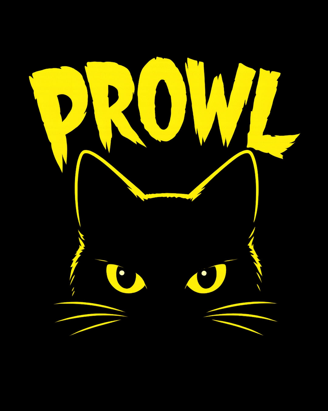 Black cat with yellow eyes and 'PROWL' text on a black background