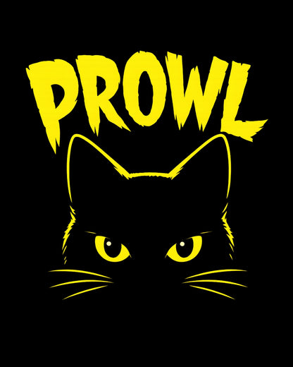 Black cat with yellow eyes and 'PROWL' text on a black background