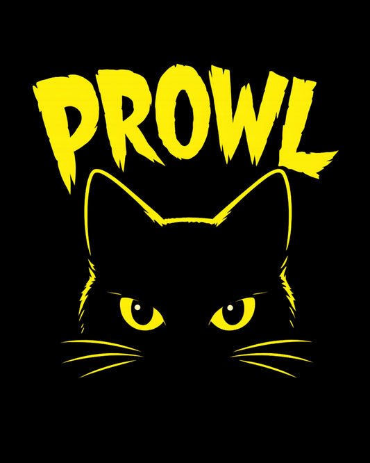 Black cat with yellow eyes and 'PROWL' text on a black background