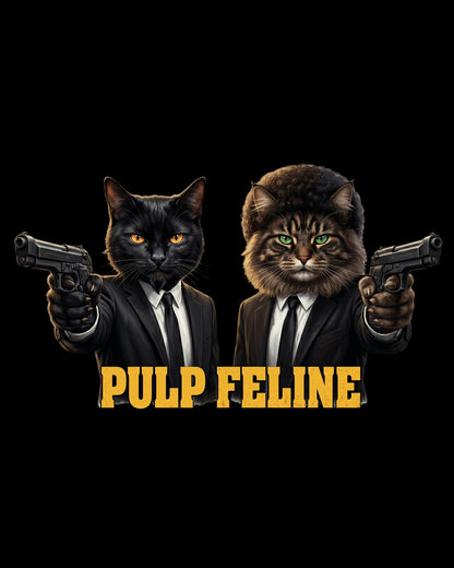 Two cats in suits holding guns with 'Pulp Feline' text on a black background