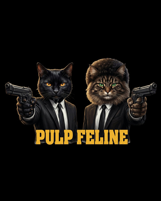 Two cats in suits holding guns with 'Pulp Feline' text on a black background