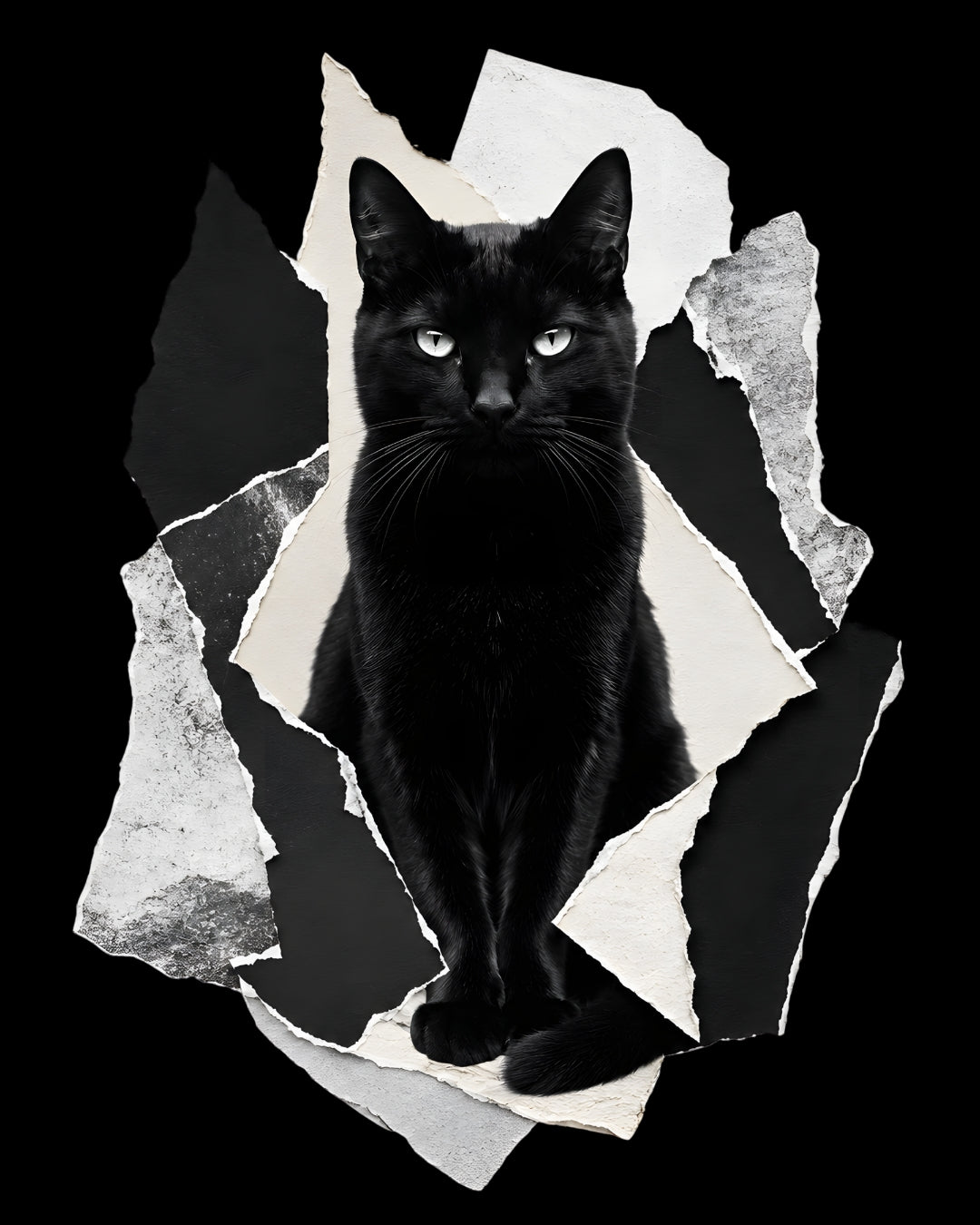 Black cat with green eyes sitting behind a torn white paper effect on a black background
