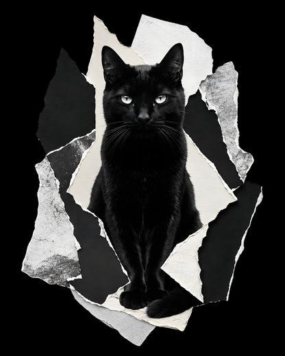 Black cat with green eyes sitting behind a torn white paper effect on a black background