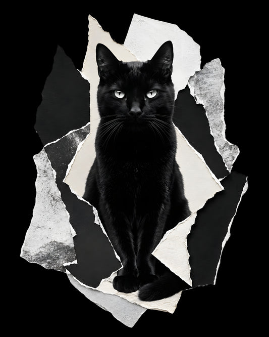 Black cat with green eyes sitting behind a torn white paper effect on a black background
