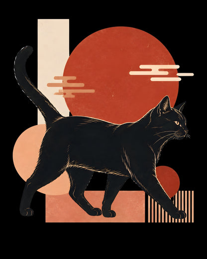 Black cat illustration with abstract shapes and a red sun on a black background