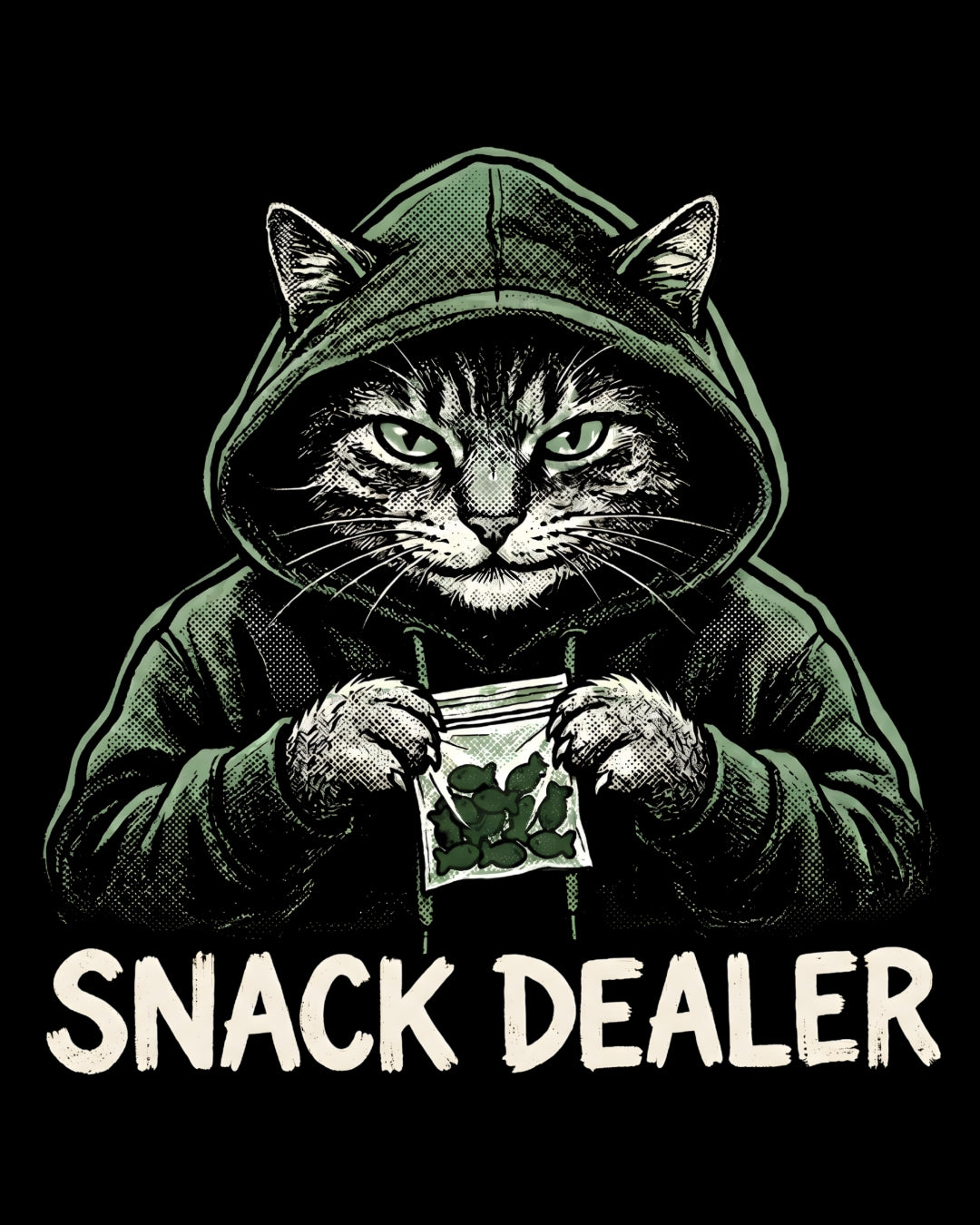 Cat in a hoodie holding a bag of snacks with 'Snack Dealer' text on a black background