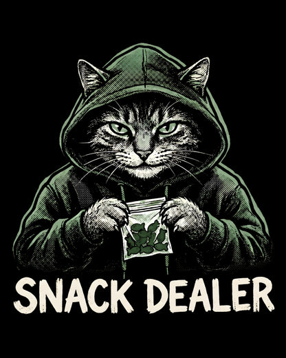 Cat in a hoodie holding a bag of snacks with 'Snack Dealer' text on a black background