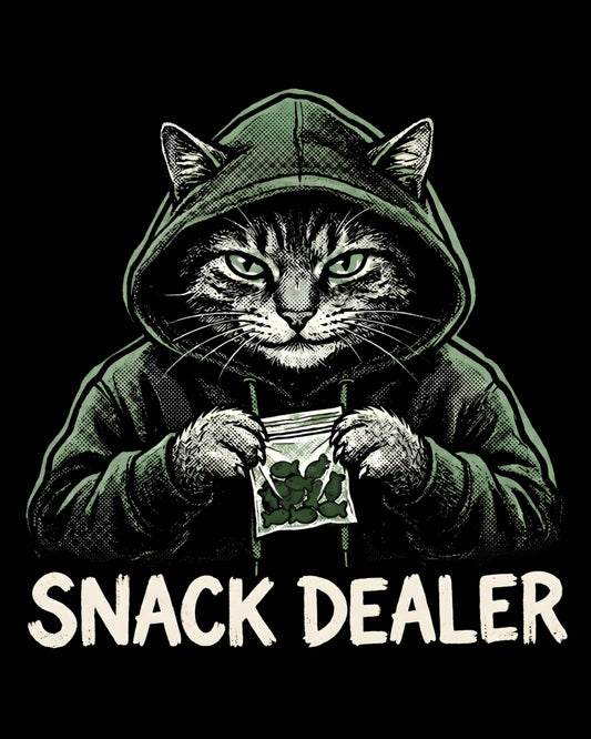 Cat in a hoodie holding a bag of snacks with 'Snack Dealer' text on a black background