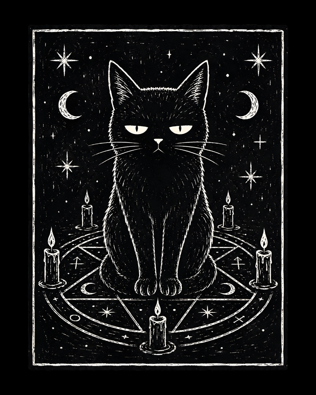 Black and white illustration of a black cat sitting on a pentagram with candles and stars in the background.
