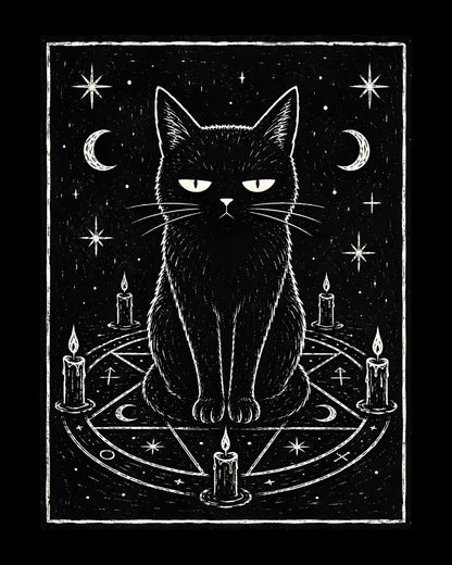 Black and white illustration of a black cat sitting on a pentagram with candles and stars in the background.