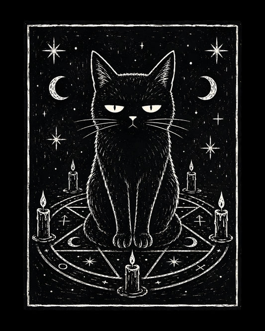 Black and white illustration of a black cat sitting on a pentagram with candles and stars in the background.