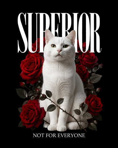 White cat surrounded by red roses with text 'SUPERIOR NOT FOR EVERYONE' on a black background