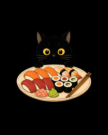 Black cat looking at a plate of sushi on a black background