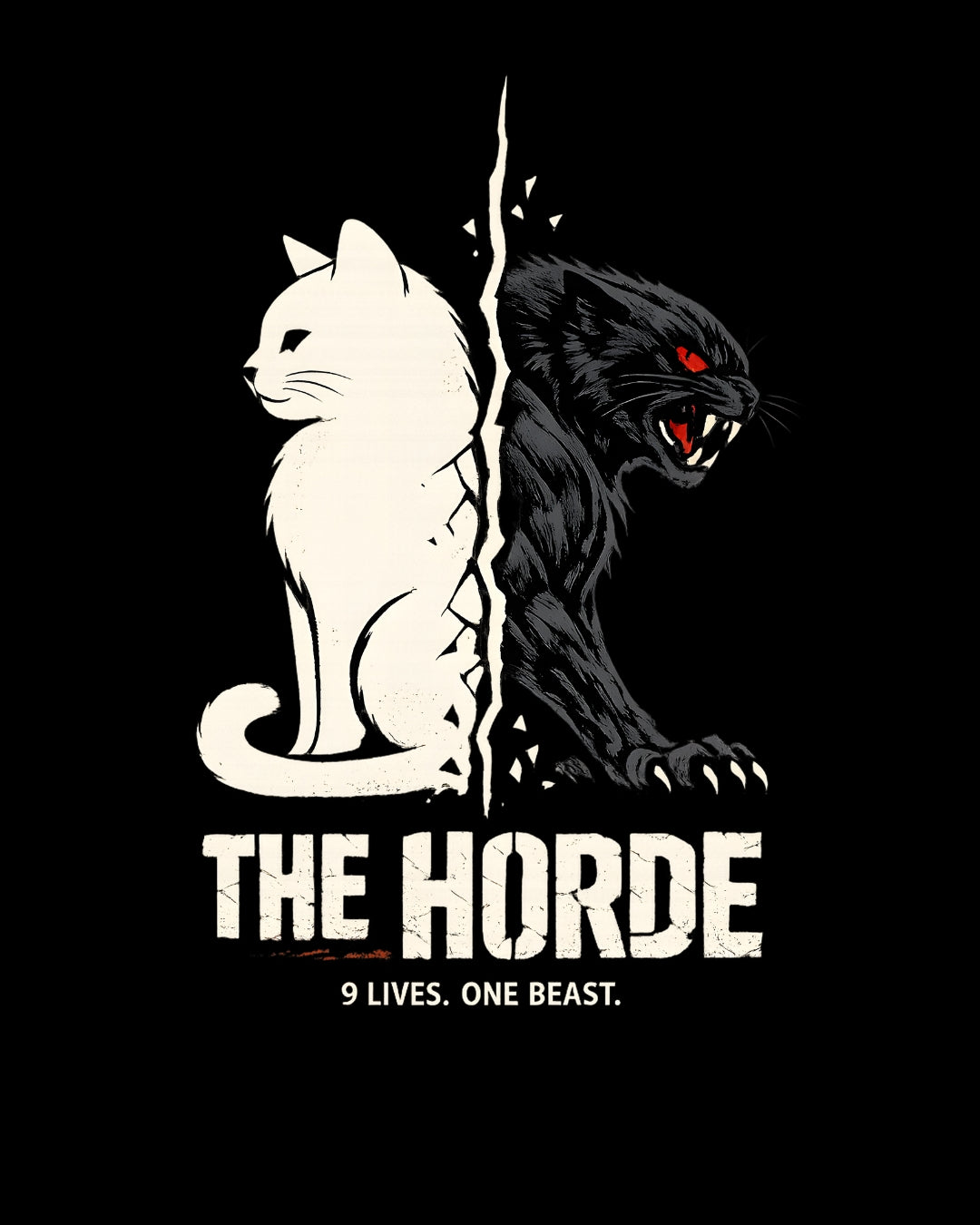 White cat and black panther split by a crack with 'The Horde' text on a black background