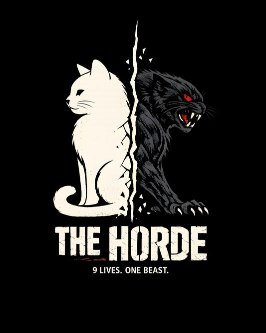 White cat and black panther split by a crack with 'The Horde' text on a black background
