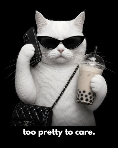 Cat wearing sunglasses, holding a phone and a bubble tea, with a black background and text 'too pretty to care'.