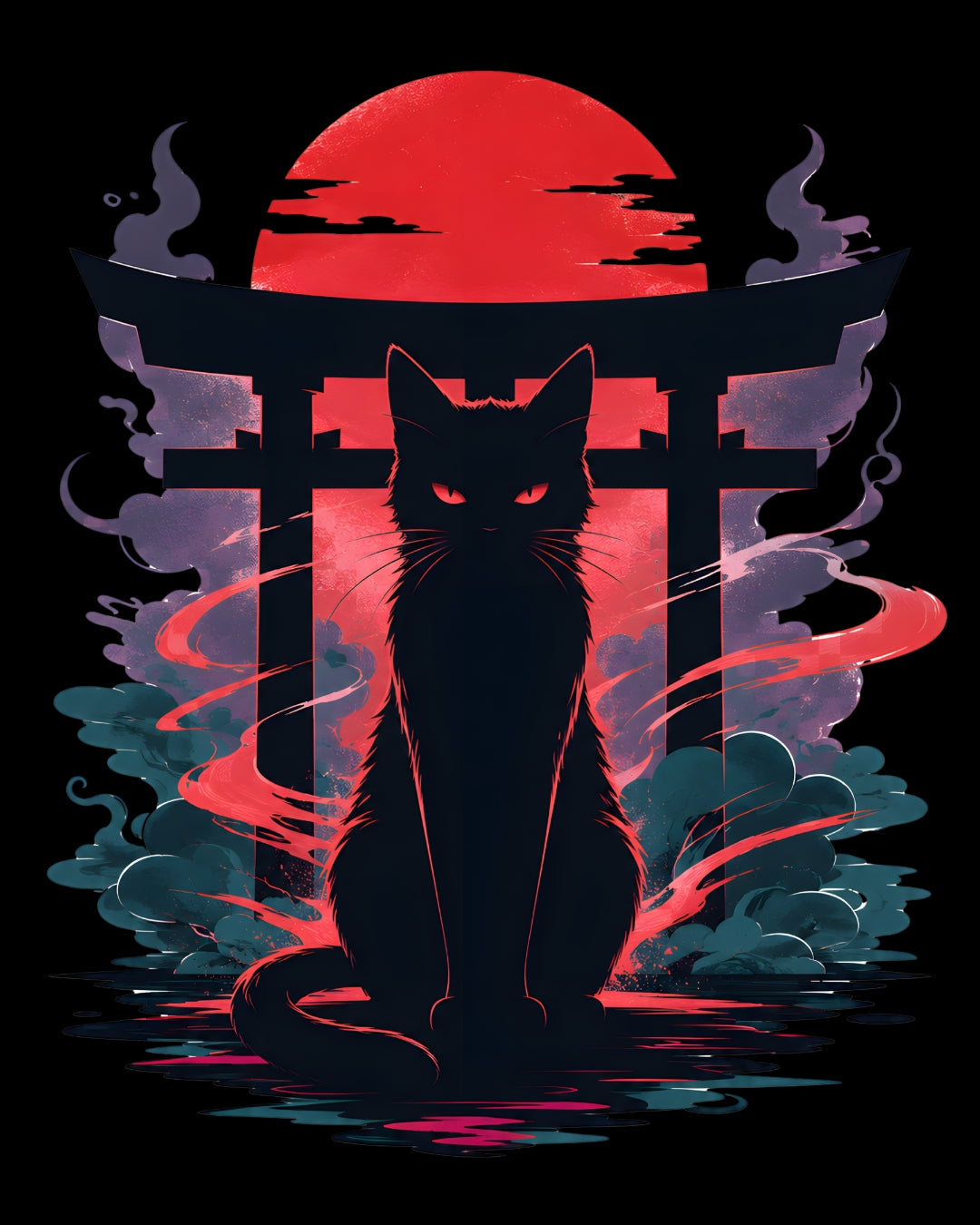 Silhouette of a cat in front of a Torii gate with a red sun in the background