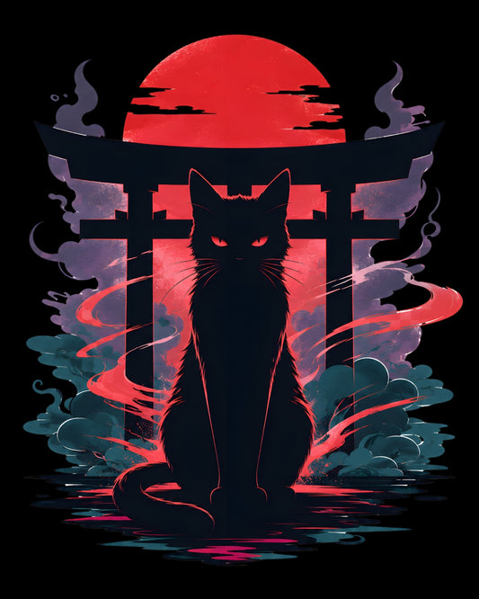 Silhouette of a cat in front of a Torii gate with a red sun in the background