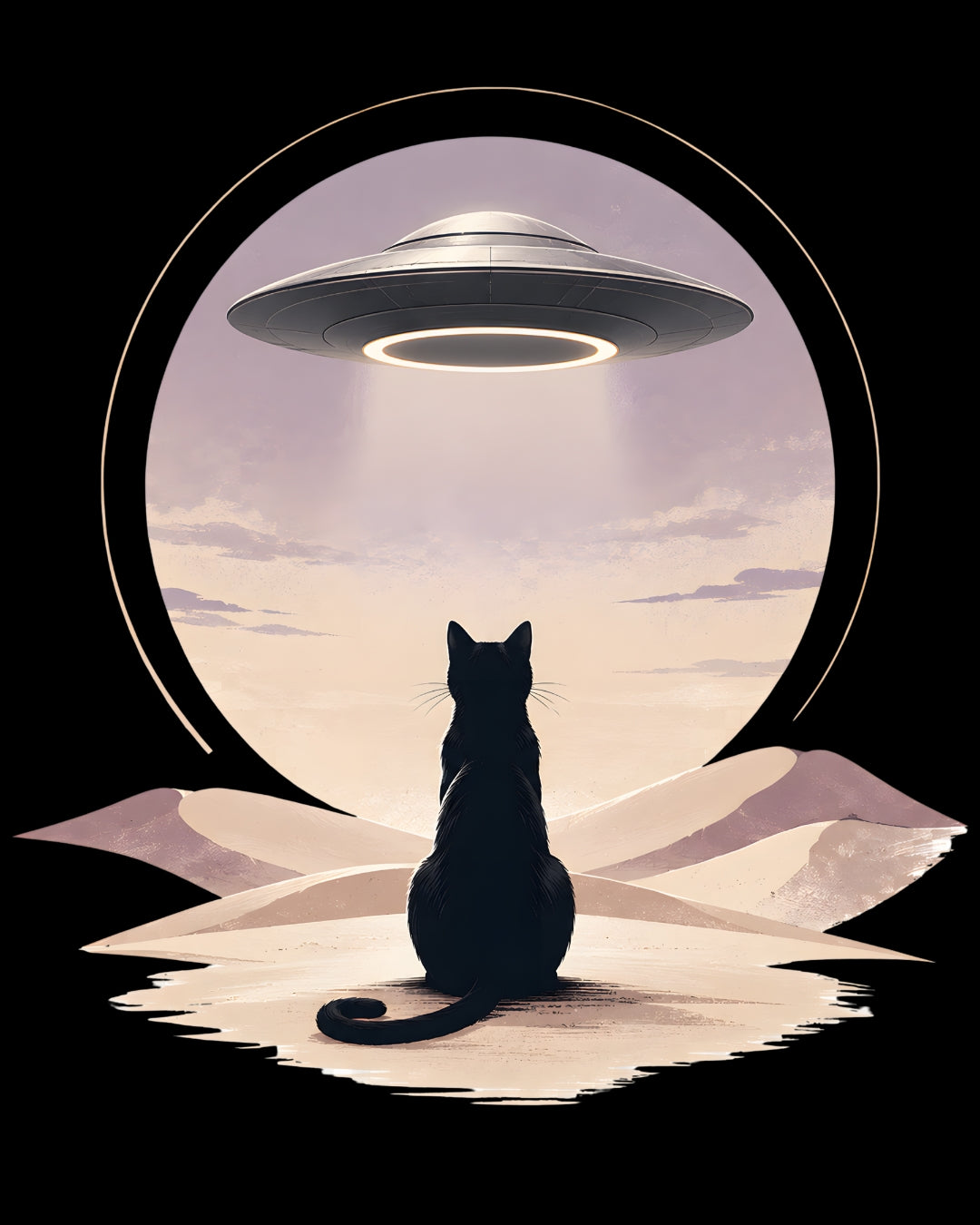 Silhouette of a cat looking up at a UFO in a desert landscape