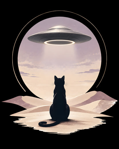 Silhouette of a cat looking up at a UFO in a desert landscape