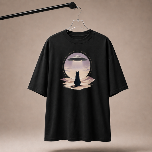 Black t-shirt with a graphic of a cat and UFO on a beige background