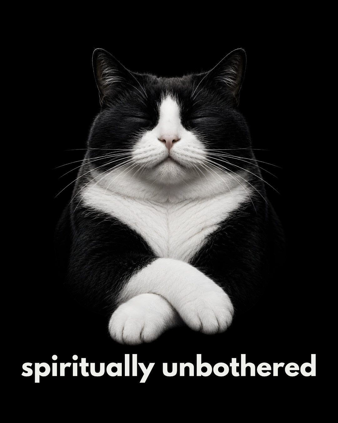 Black and white cat with 'spiritually unbothered' text on a black background