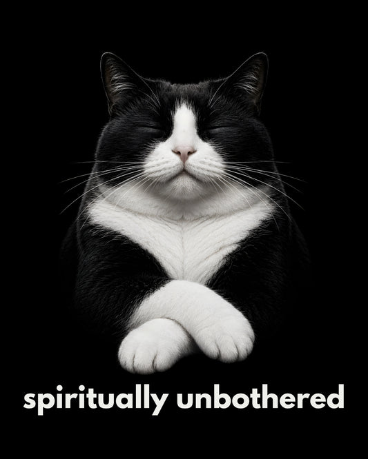 Black and white cat with 'spiritually unbothered' text on a black background